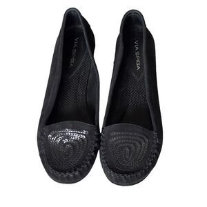 Via Spiga Black Suede Spiral Sequin Moccasin Loafers Size 6M